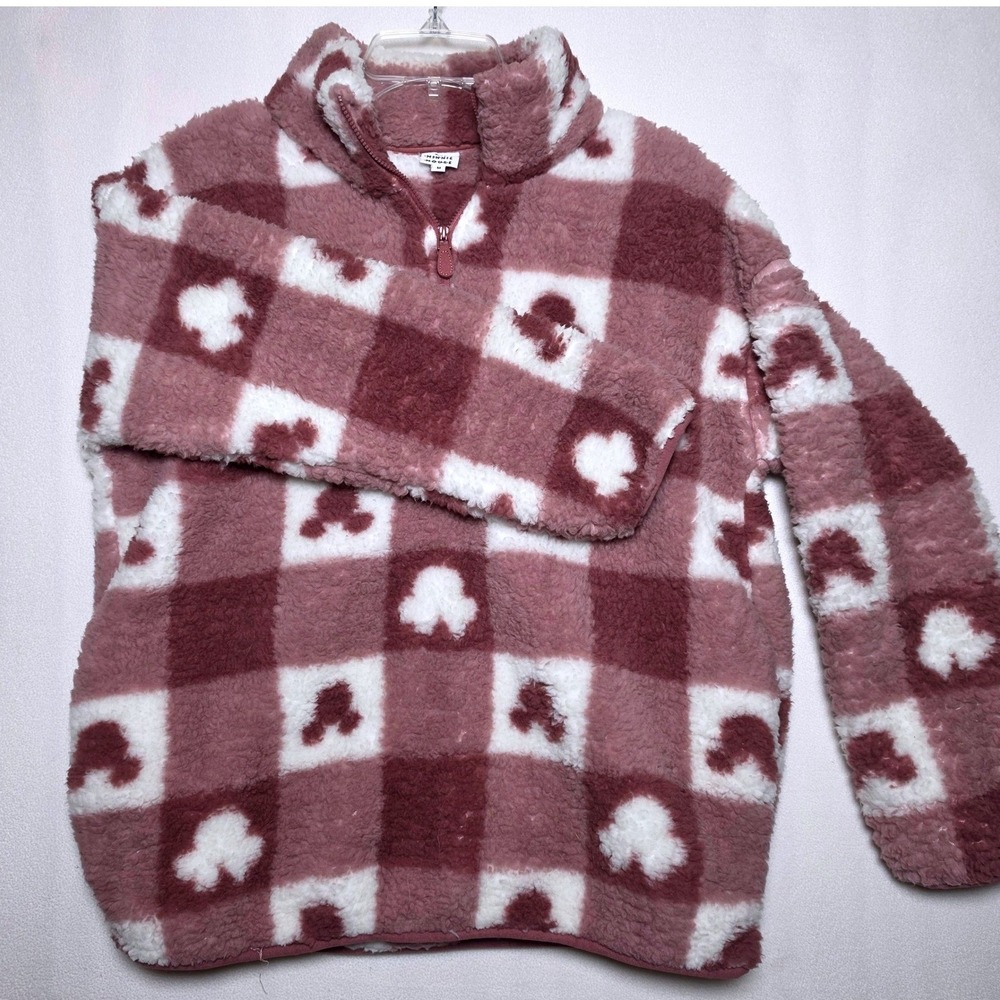 Disney Minnie Mouse Sherpa Pullover Quarter Zip Pink White Checkered Fleece M